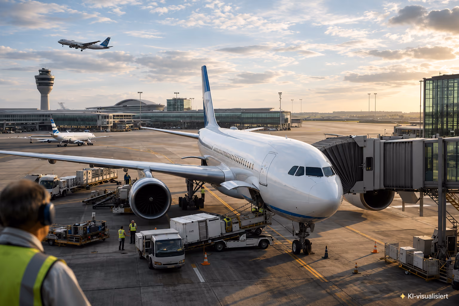 Passagierflugzeug am Gate eines Flughafens mit Bodenpersonal und startendem Flugzeug im Hintergrund.