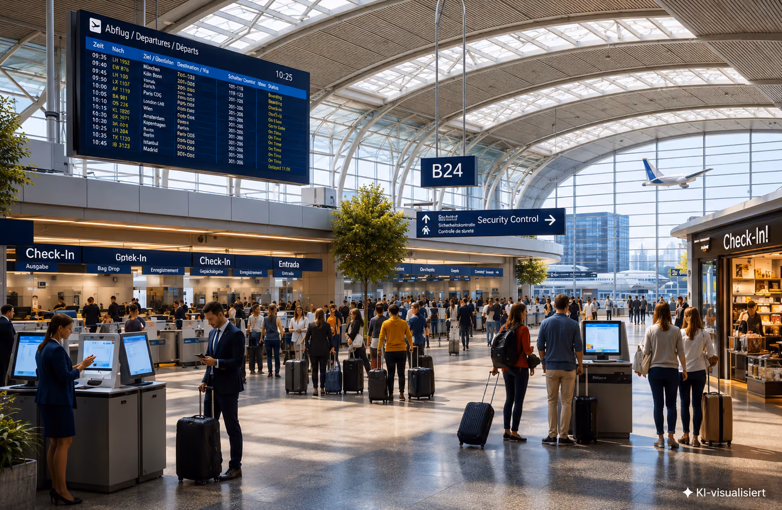 Flughafenterminal mit Reisenden, die an Selbstbedienungs-Check-in-Automaten stehen und sich für Flüge am großen Abflug-Display informieren.