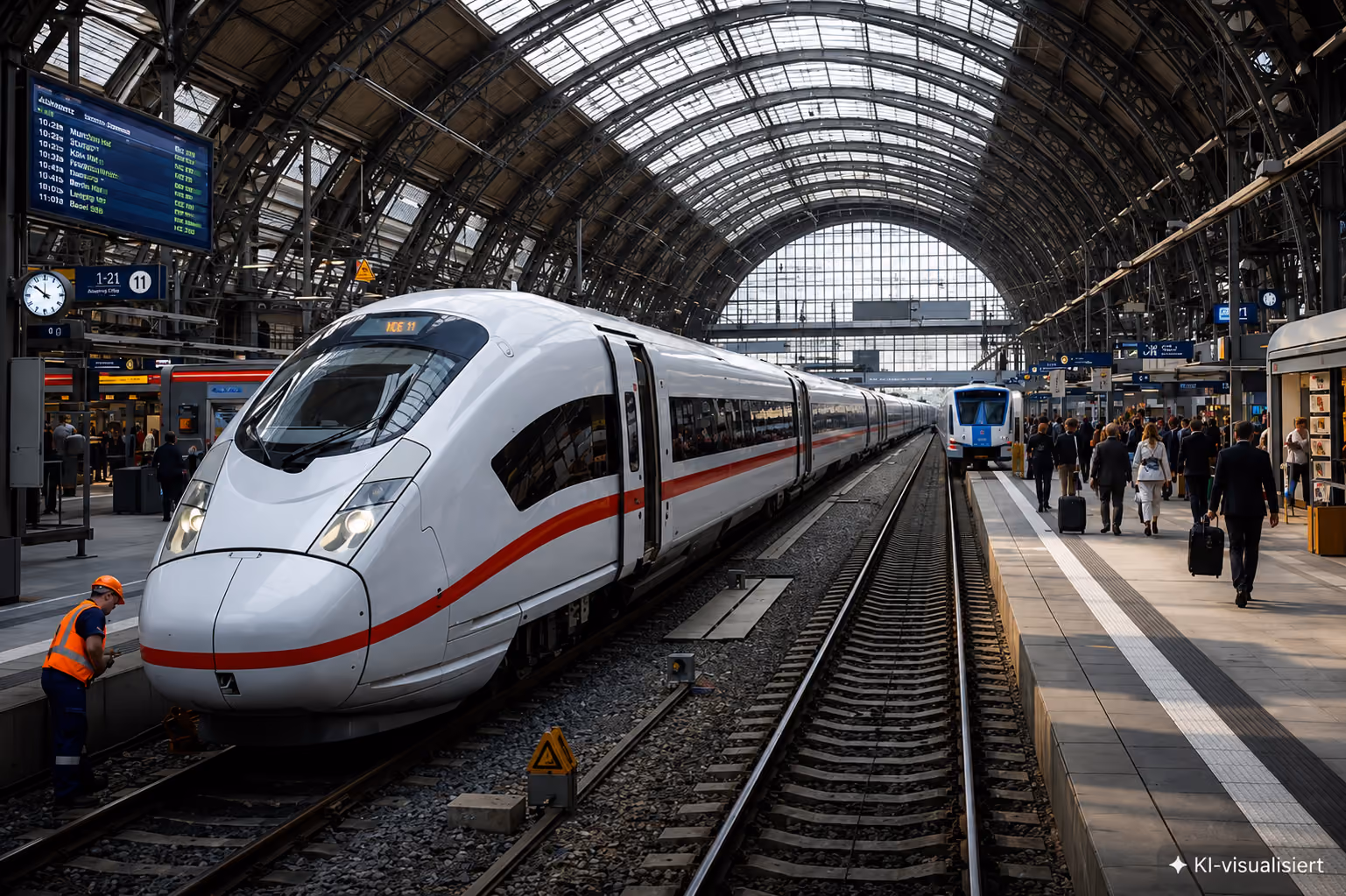 Ein moderner Hochgeschwindigkeitszug hält in einem großen Bahnhof mit gewölbtem Glasdach, umgeben von wartenden Passagieren auf dem Bahnsteig.