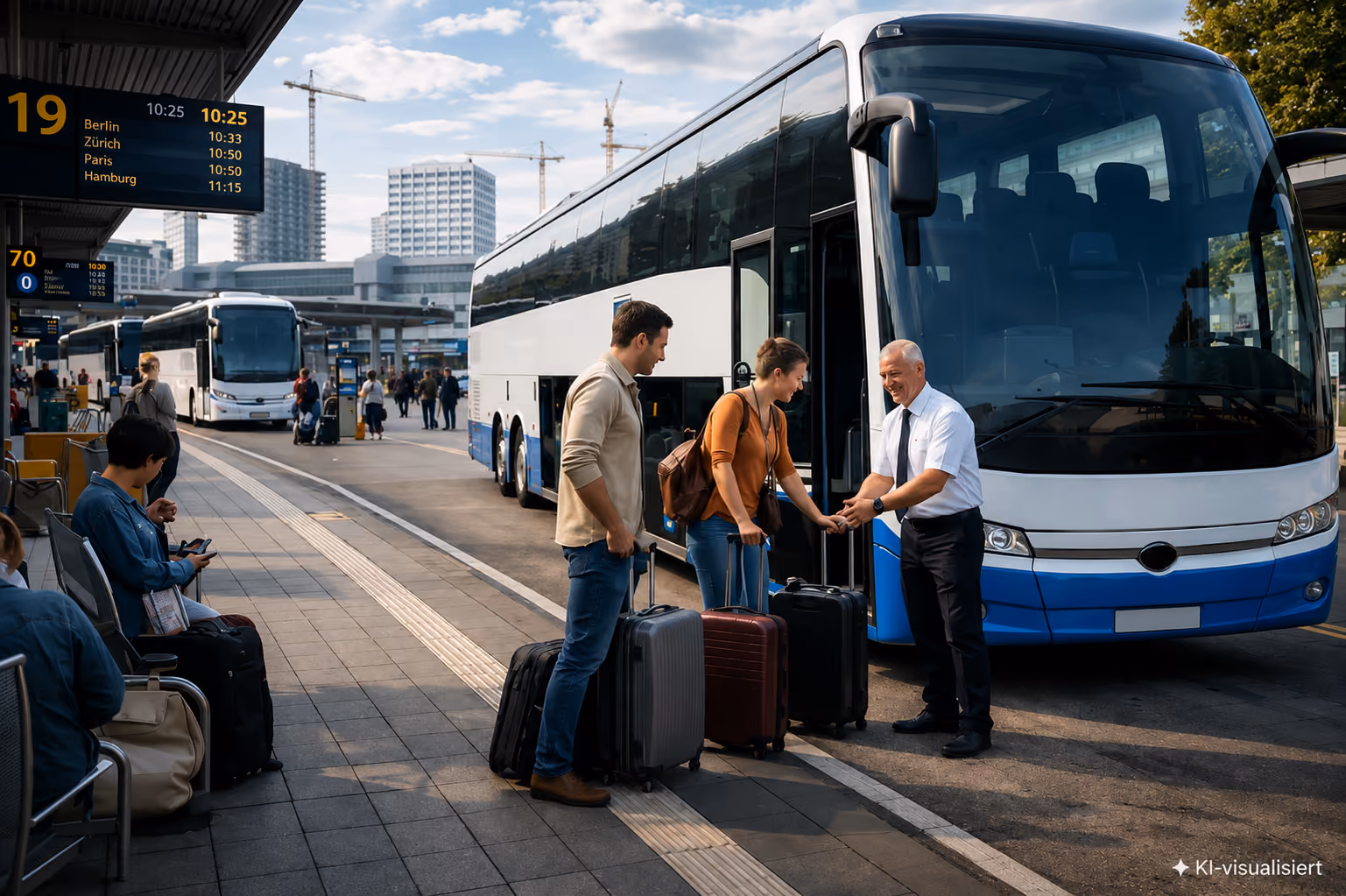 Zwei Reisende mit Gepäck sprechen mit einem Busfahrer vor einem Reisebus an einer Bushaltestelle.