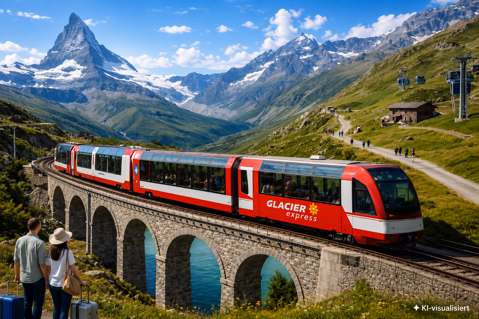 Der Glacier Express Zug fährt über eine Steinbogenbrücke in den Schweizer Alpen mit dem Matterhorn im Hintergrund und wandernden Menschen auf einem Weg.