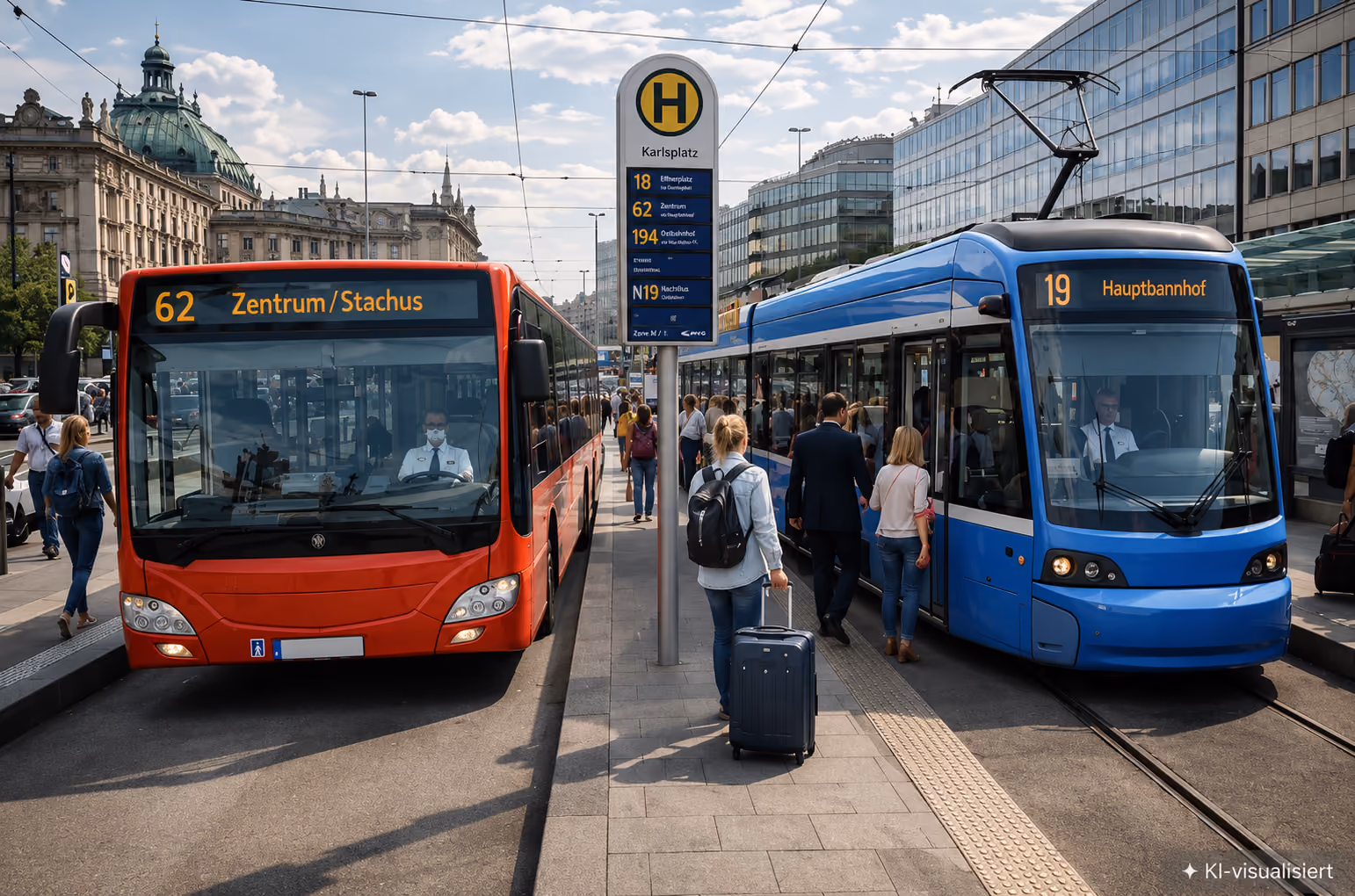Menschen steigen an einer belebten Haltestelle in München in einen roten Bus der Linie 62 zum Zentrum/Stachus und eine blaue Straßenbahn der Linie 19 zum Hauptbahnhof ein.