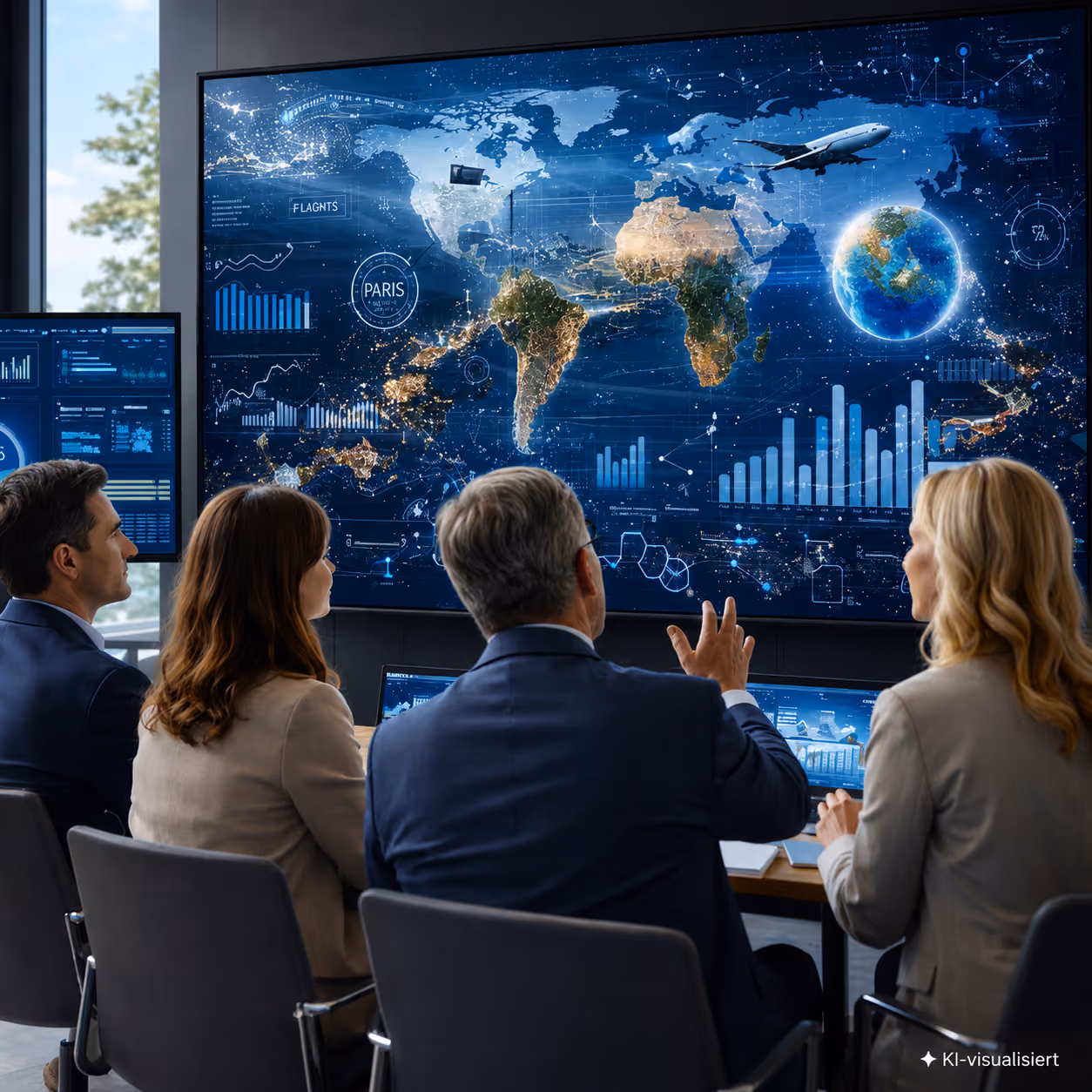 Vier Geschäftsleute sitzen vor großen Bildschirmen mit Weltkarte, Diagrammen und einem Flugzeug, die globale Daten und Analysen anzeigen.