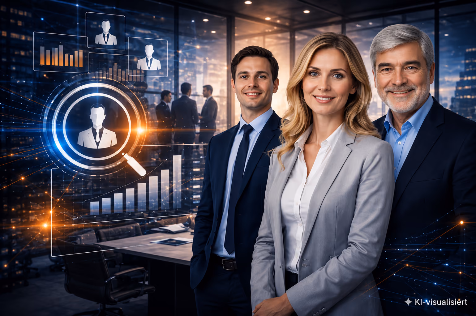Drei Geschäftspersonen in formeller Kleidung stehen vor einem Glasbüro mit virtuellen Grafiken und Symbolen für Team- und Leistungsanalyse.