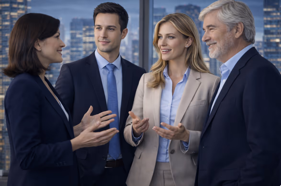 Vier Geschäftsleute, zwei Frauen und zwei Männer, unterhalten sich vor großen Fenstern mit Blick auf eine Stadt bei Dämmerung.