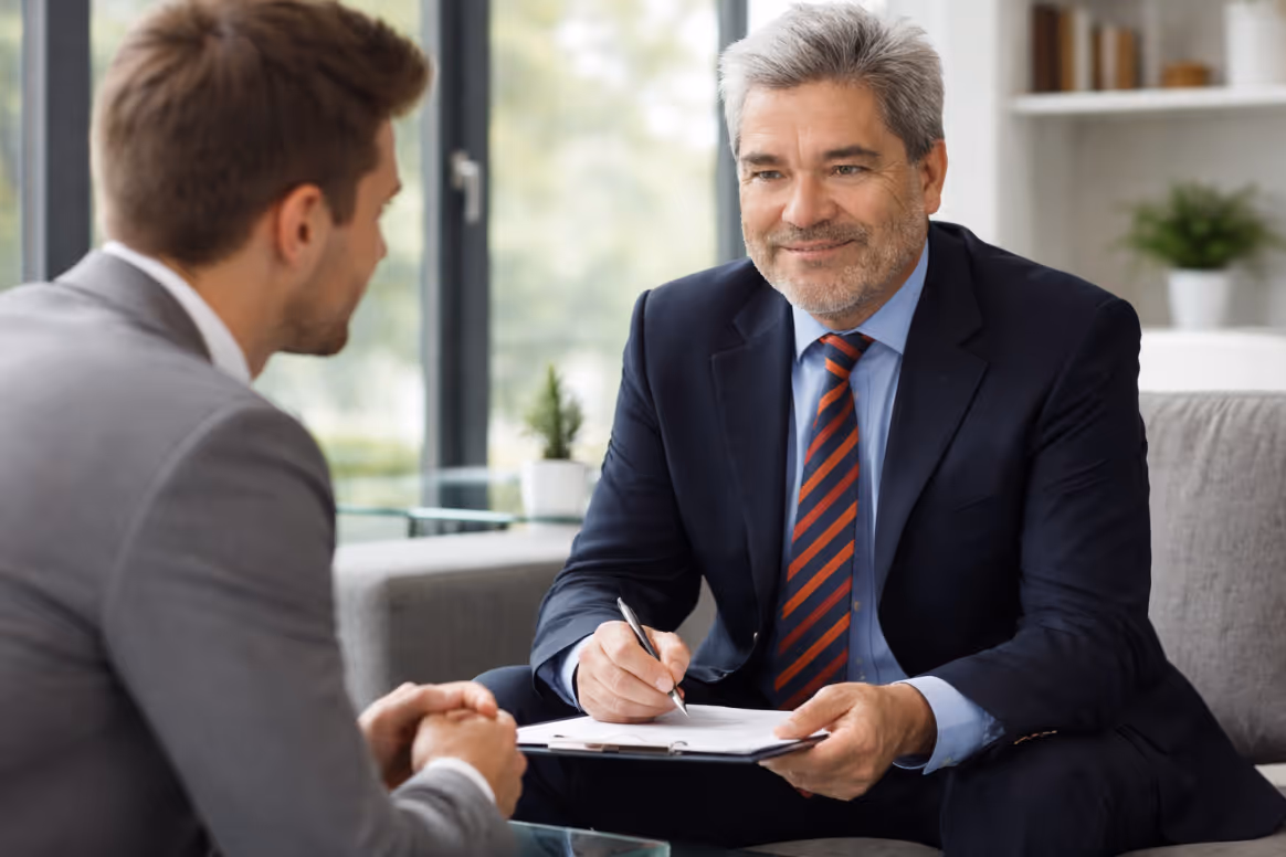 Älterer Mann in Anzug führt ein Gespräch mit einem jüngeren Mann in einem modernen Büro.