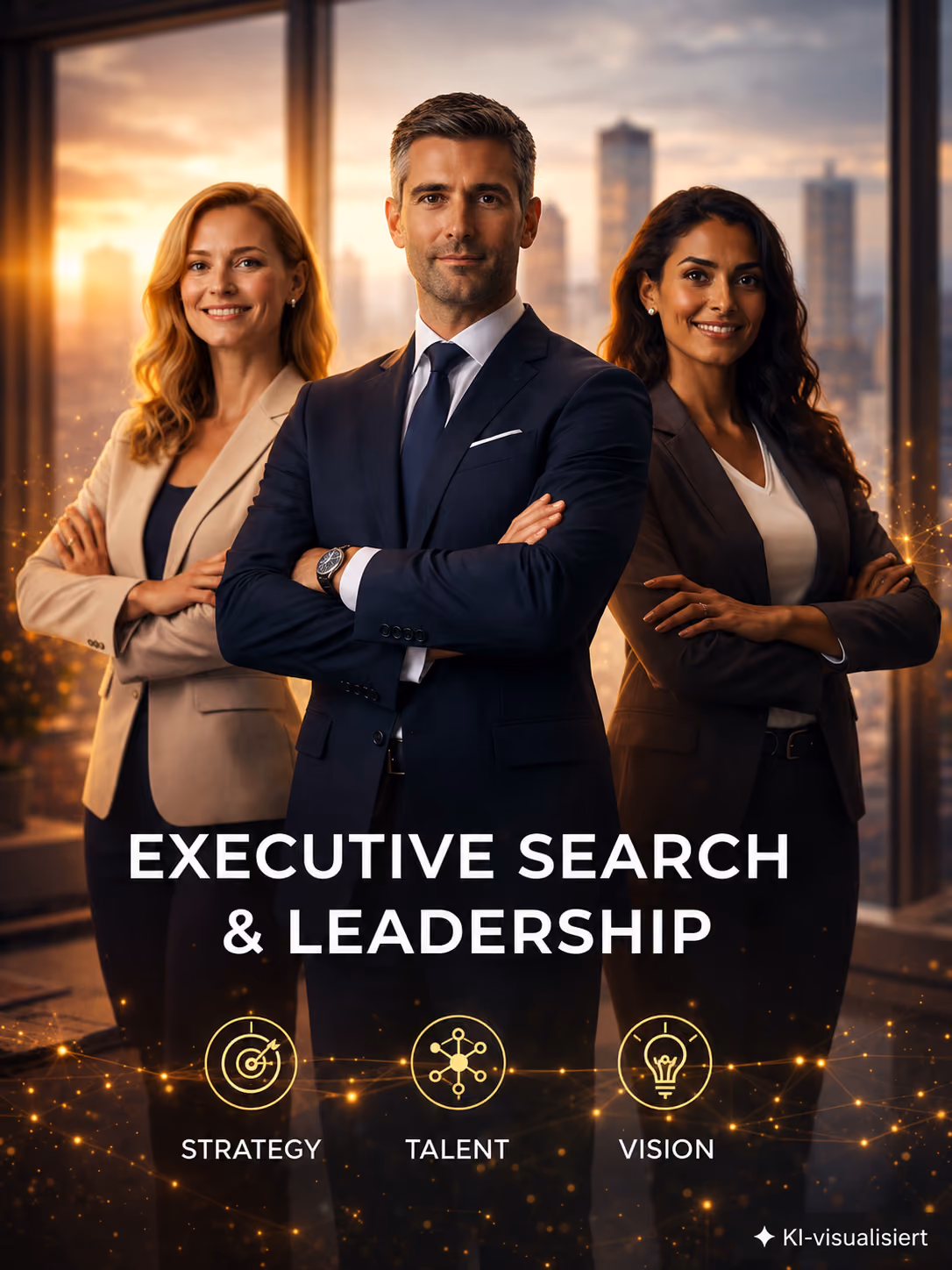 Drei berufstätige Personen – zwei Frauen und ein Mann – stehen mit verschränkten Armen vor großen Fenstern bei Sonnenuntergang, darunter die Worte „Executive Search & Leadership“ und Symbole für Strategie, Talent und Vision.