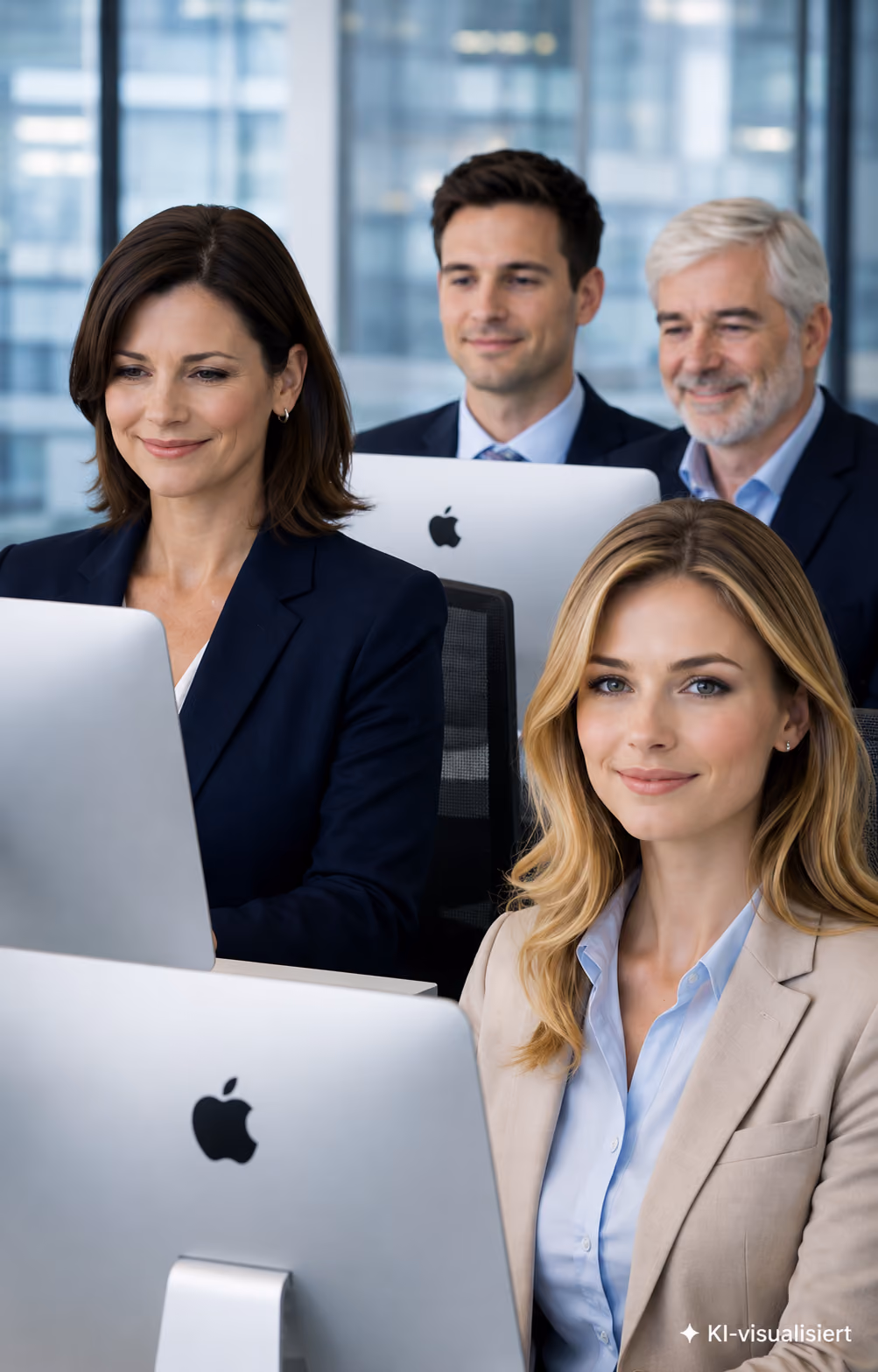 Vier Geschäftsleute, zwei Frauen vorne und zwei Männer hinten, arbeiten an Apple Computern in einem modernen Büro.