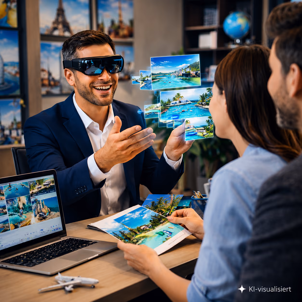 Reiseberater mit VR-Brille zeigt einem Paar digitale Reiseziele auf einem virtuellen Bildschirm.