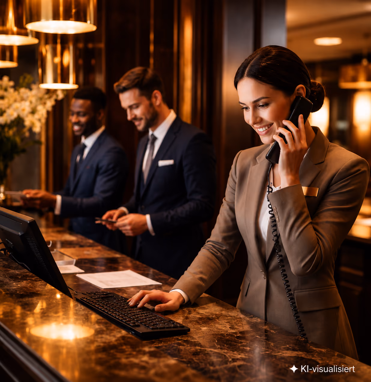 Lächelnde Hotelangestellte beantwortet Telefon am Empfangstresen, während zwei männliche Gäste im Hintergrund warten.
