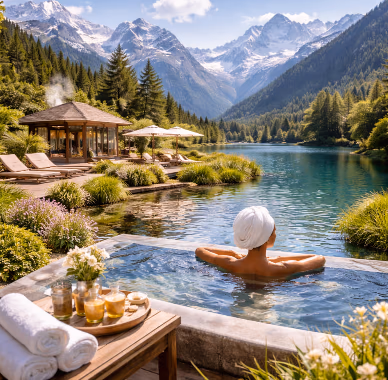 Person entspannt im Whirlpool mit Blick auf einen See und schneebedeckte Berge im Hintergrund.