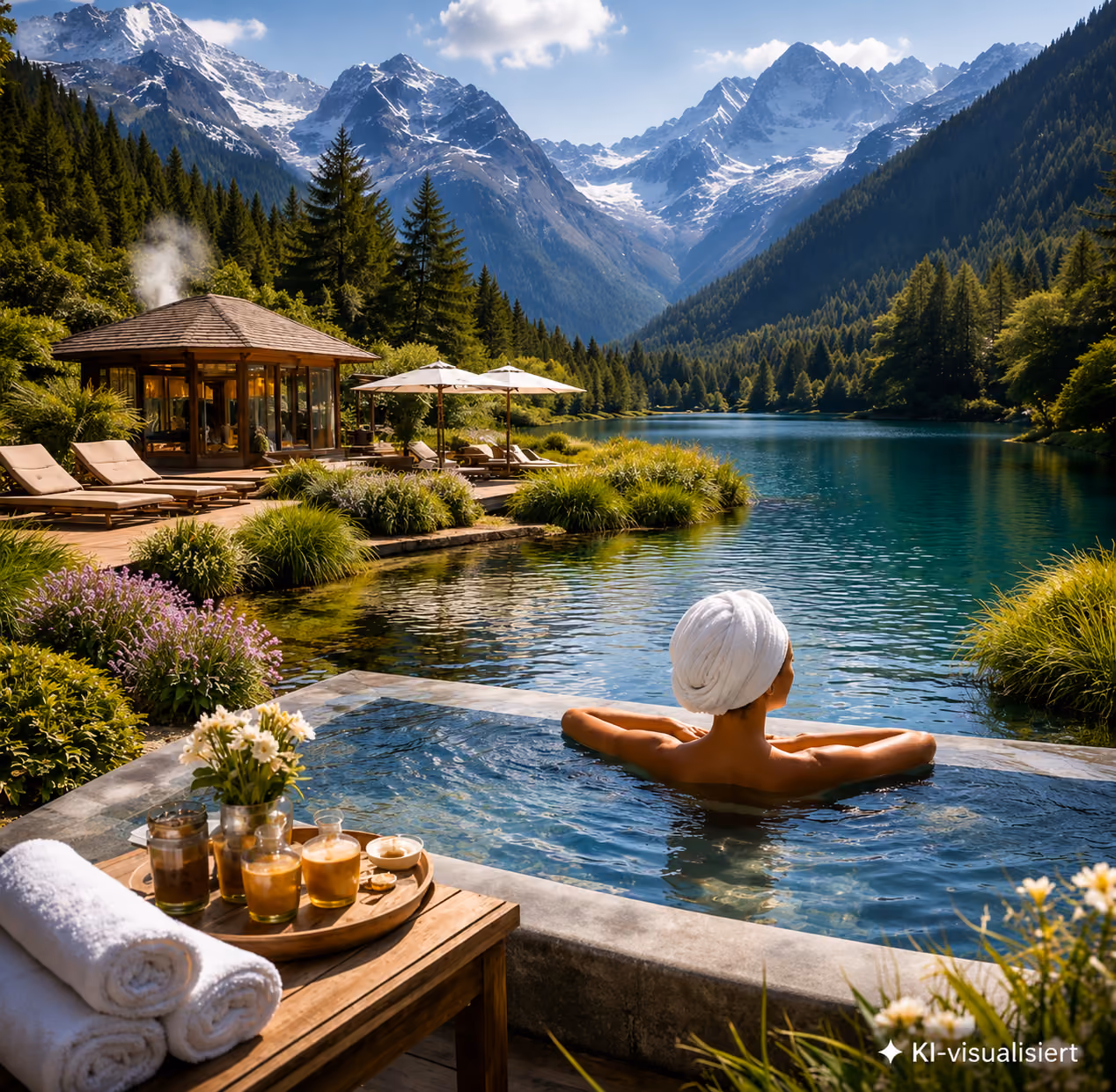 Person entspannt im Whirlpool mit Blick auf einen See und schneebedeckte Berge im Hintergrund.