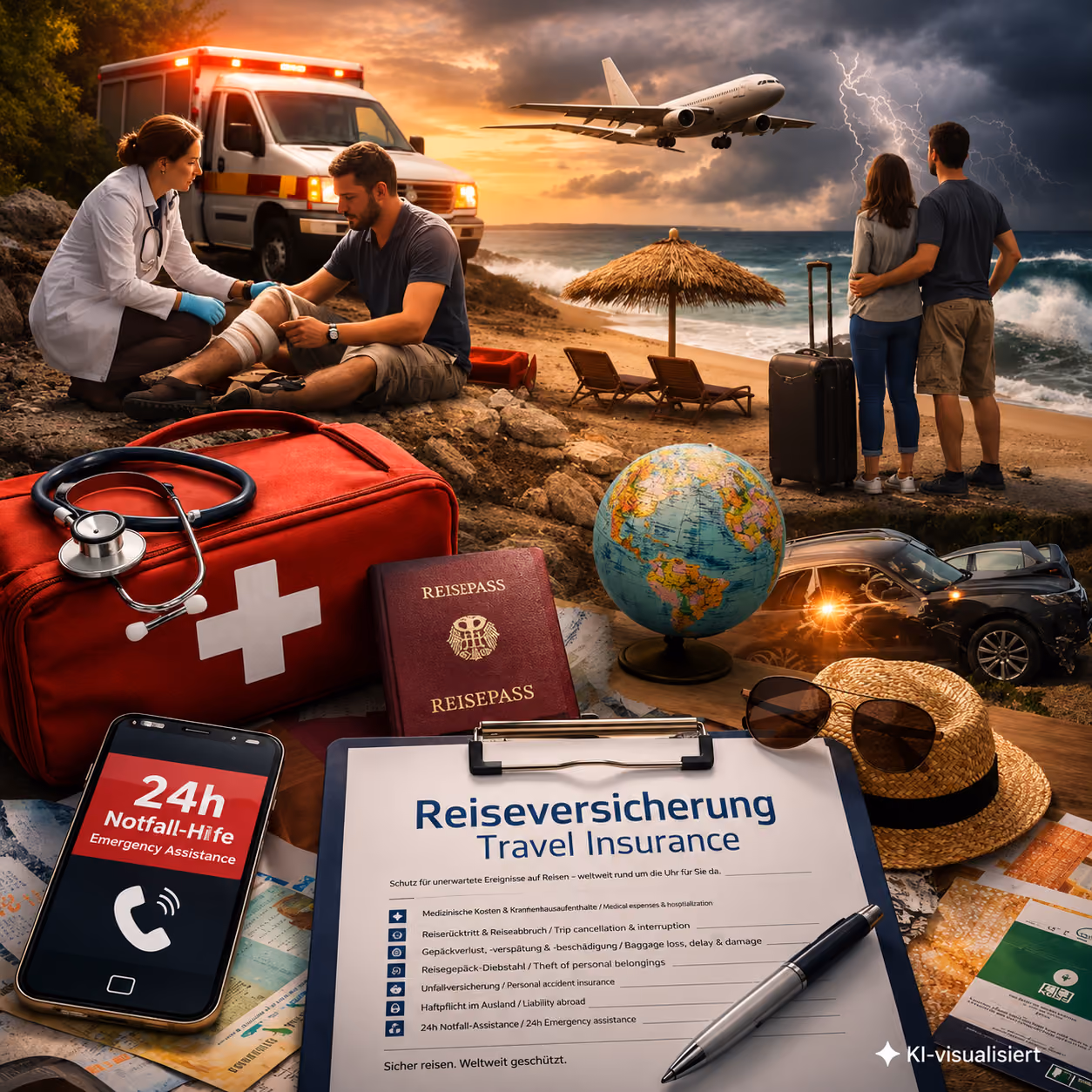 Symbolbild Reiseversicherung mit Erste-Hilfe-Koffer, Reisepässen, Globus, Smartphone mit 24h Notfallhilfe, Vertragsformular und Bildern von Strand, Unfall, Flugzeug und Arzt.