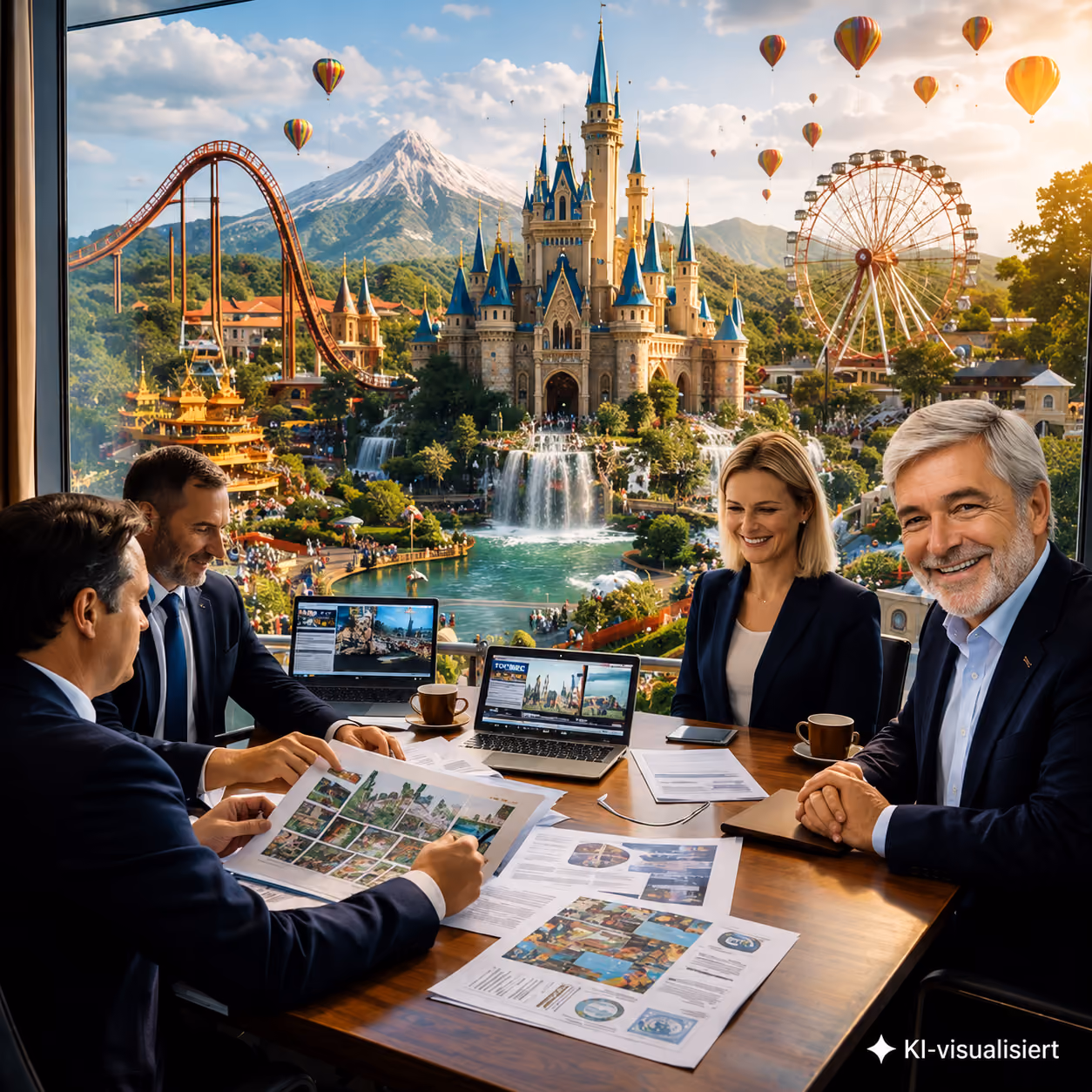 Vier Geschäftsleute diskutieren im Konferenzraum mit einem großen Fensterblick auf einen Freizeitpark mit Schloss, Achterbahn, Riesenrad und Heißluftballons.