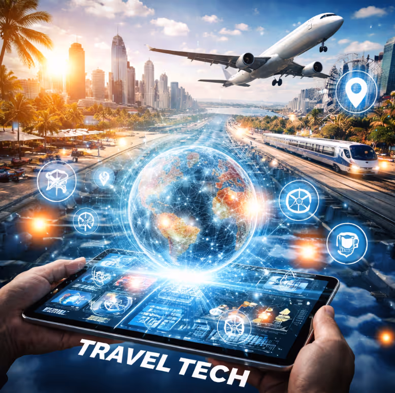 Tablet mit holografischer Weltkugel und Icons vor Stadt mit Flugzeug, Zug und Sonnenuntergang, symbolisiert innovative Reisetechnologie.
