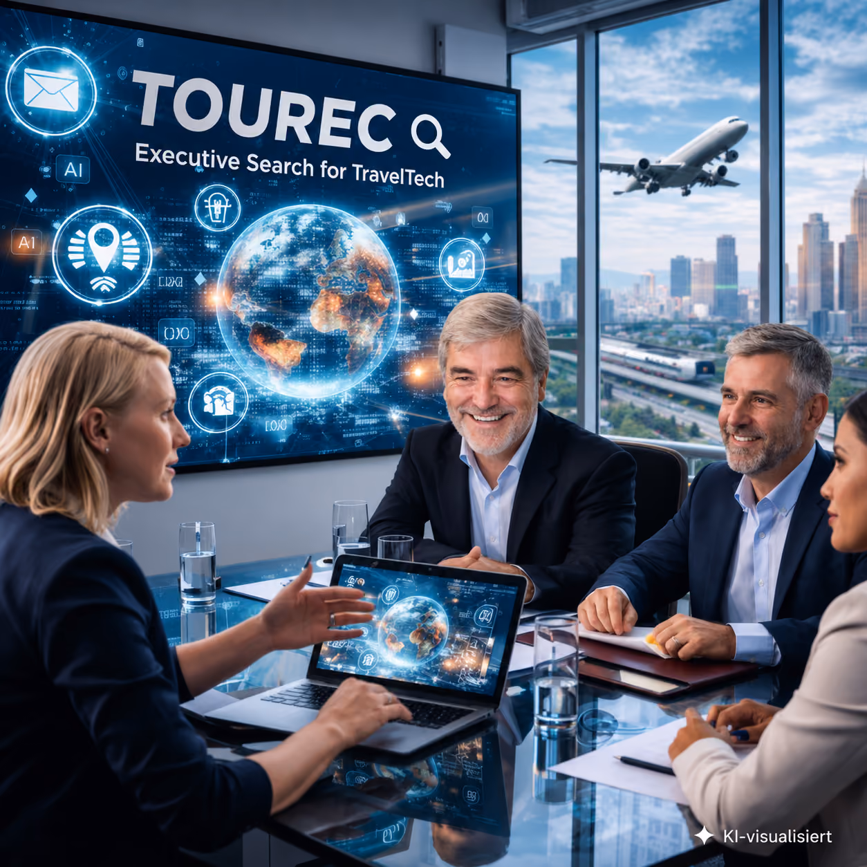 Vier Geschäftsleute im Meetingraum mit Blick auf eine Stadt, eine Frau präsentiert Daten auf einem Laptop, im Hintergrund Flugzeuge und ein Bildschirm mit TOUREC Executive Search für TravelTech.