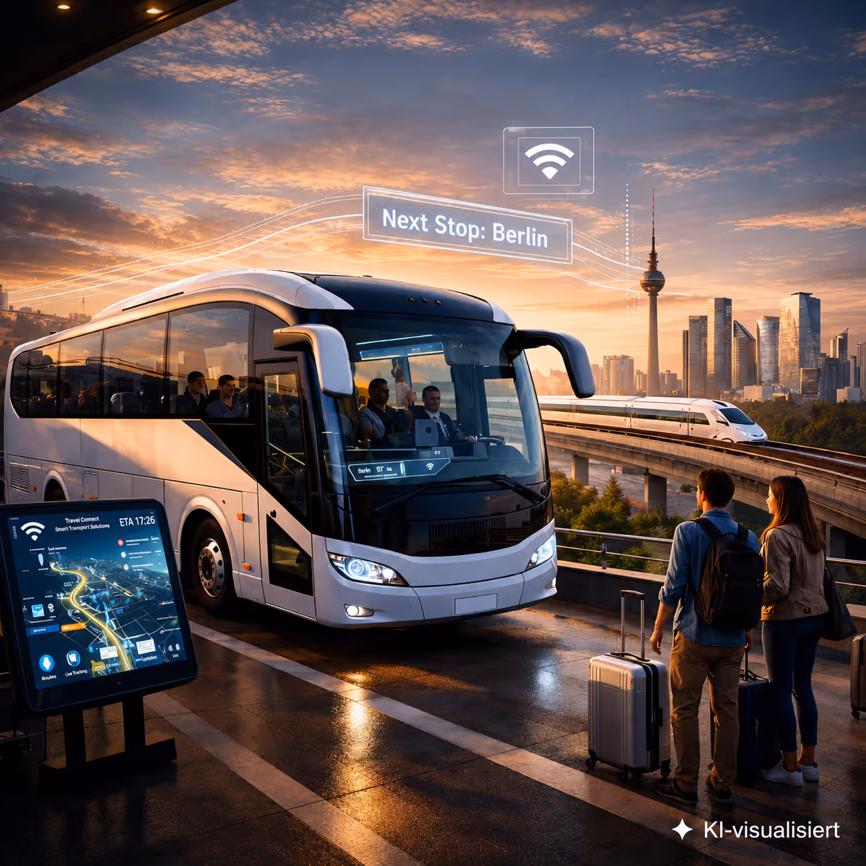 Zwei Reisende mit Gepäck stehen an einer Haltestelle neben einem modernen weißen Bus, ein Stadtbild von Berlin mit dem Fernsehturm im Hintergrund, und eine Nahverkehrsanzeige zeigt 'Next Stop: Berlin' sowie eine WLAN-Verbindung.
