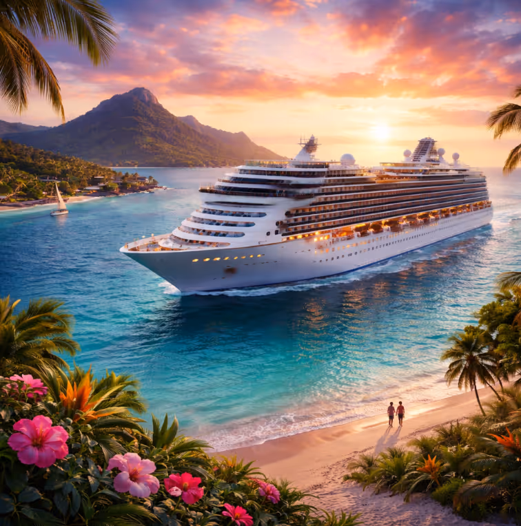 Großes Kreuzfahrtschiff fährt bei Sonnenuntergang nahe einem tropischen Strand mit Palmen und Blumen.