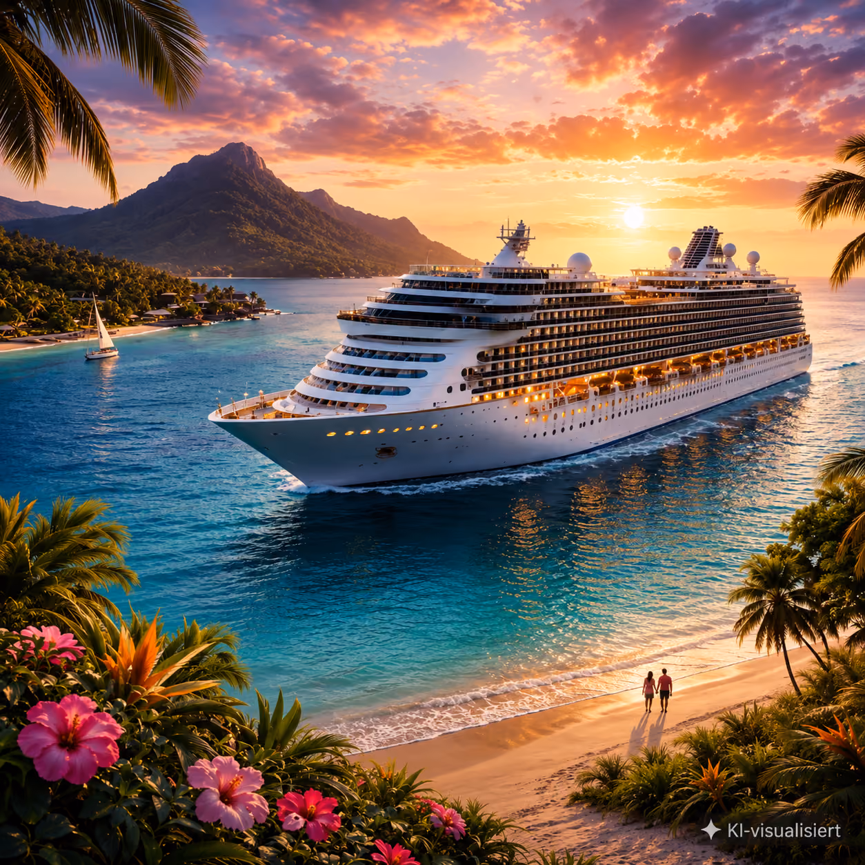 Großes Kreuzfahrtschiff fährt bei Sonnenuntergang nahe einem tropischen Strand mit Palmen und Blumen.