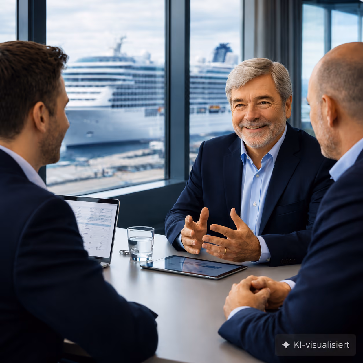 Drei Geschäftsleute in Anzügen führen ein Gespräch in einem Büro mit Blick auf ein Kreuzfahrtschiff am Hafen.
