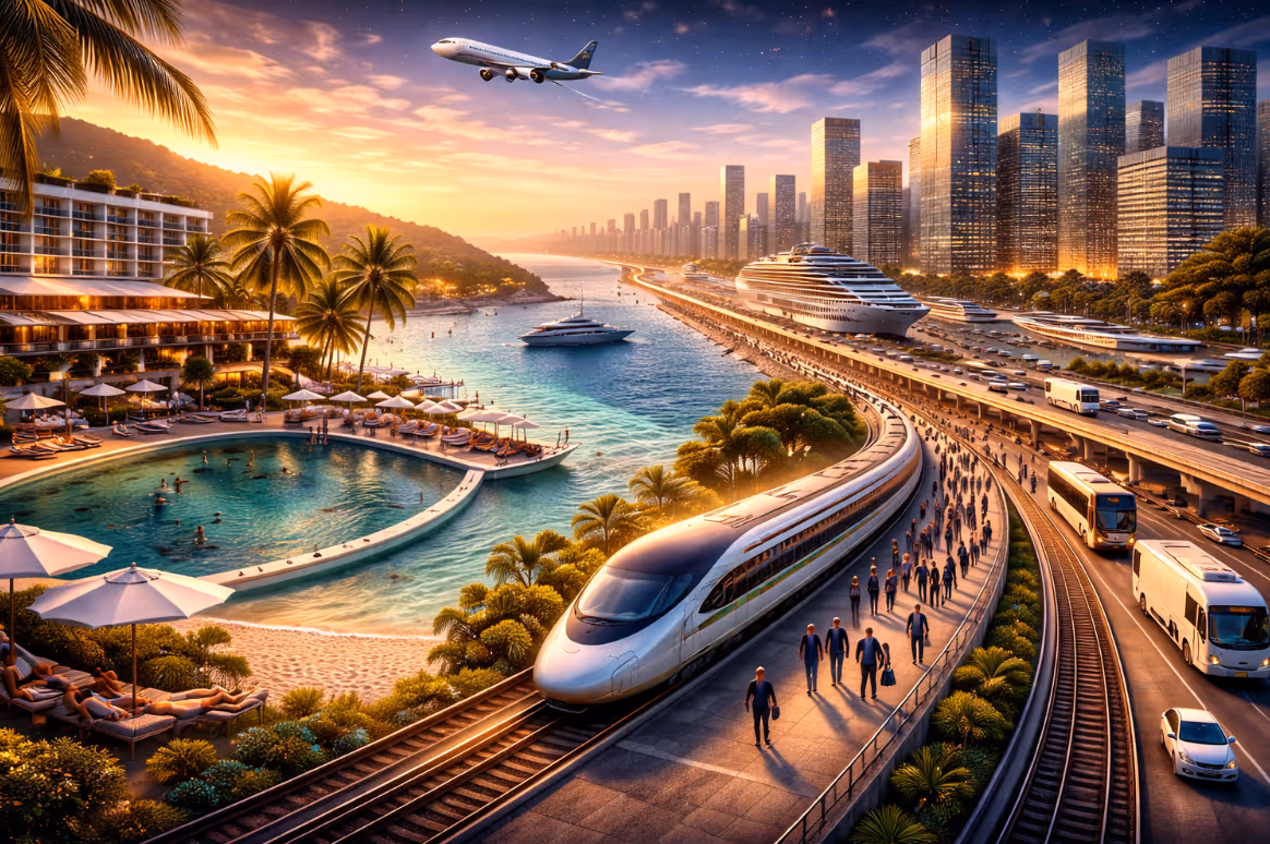 Man sieht auf dem Bild Verkehr mit Bahn, Schiff und Flugzeug und man sieht ein schönes Urlaubshotel. Es zeigt spezialisiertes Executive Search für Tourismus, Verkehr und KI.