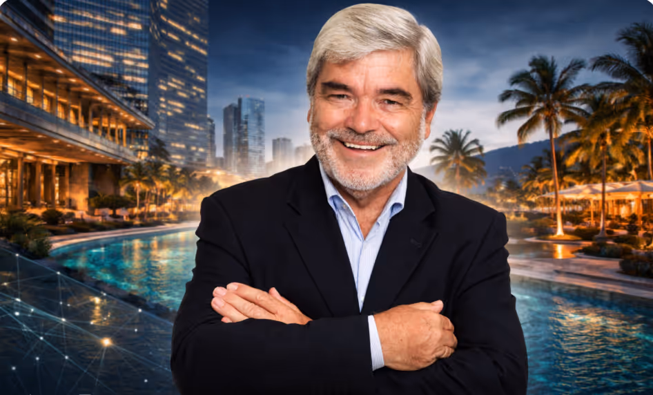 Lächelnder älterer Mann mit grauem Haar und Bart, gekleidet in einen schwarzen Anzug, steht vor einem beleuchteten Pool mit Palmen und Hochhäusern im Hintergrund bei Dämmerung.