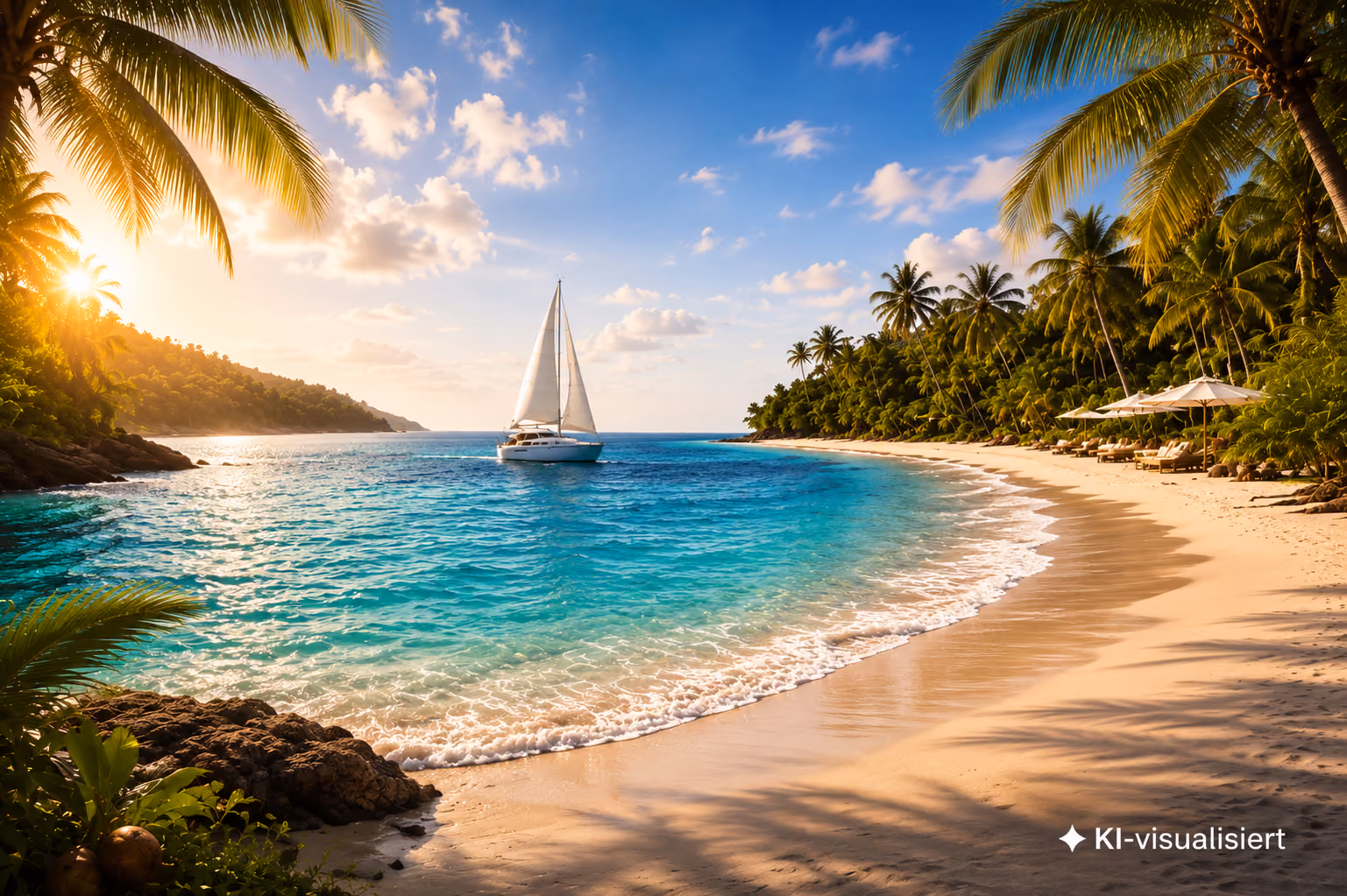 Tropischer Strand mit Segelboot als Symbol für die internationale Tourismusbranche.
