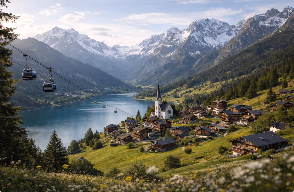 Dorf mit Kirche am See in einem Tal, umgeben von schneebedeckten Bergen und Seilbahnkabinen.