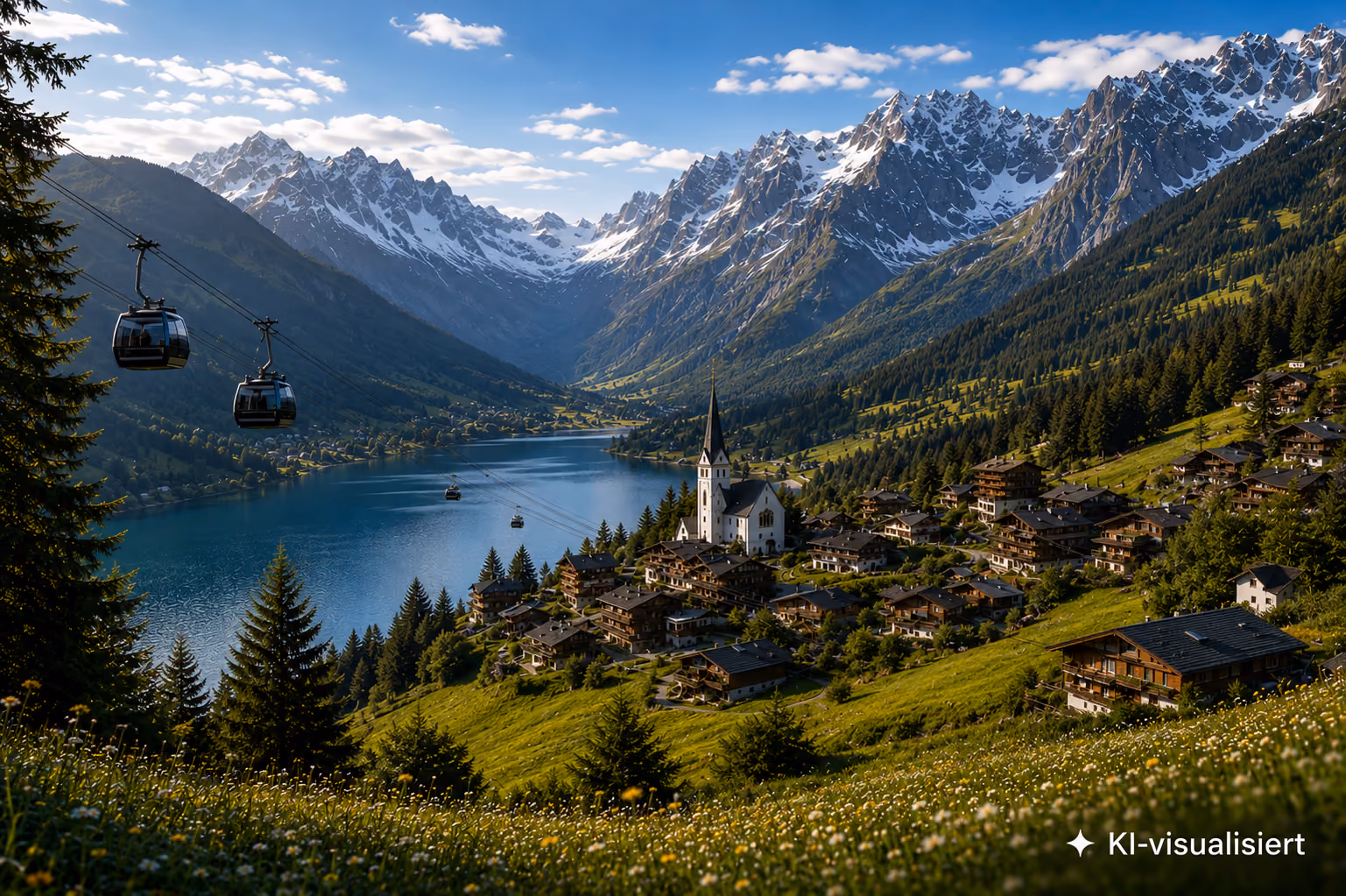 Dorf mit Kirche am See in einem Tal, umgeben von schneebedeckten Bergen und Seilbahnkabinen.