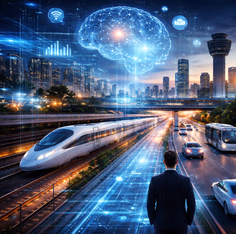 Ein Mann steht an einer belebten Stadtstraße neben einem fahrenden Hochgeschwindigkeitszug, darüber eine leuchtende, digitale Gehirndarstellung mit Netzwerk- und Datenicons, die Technologie und künstliche Intelligenz symbolisiert.