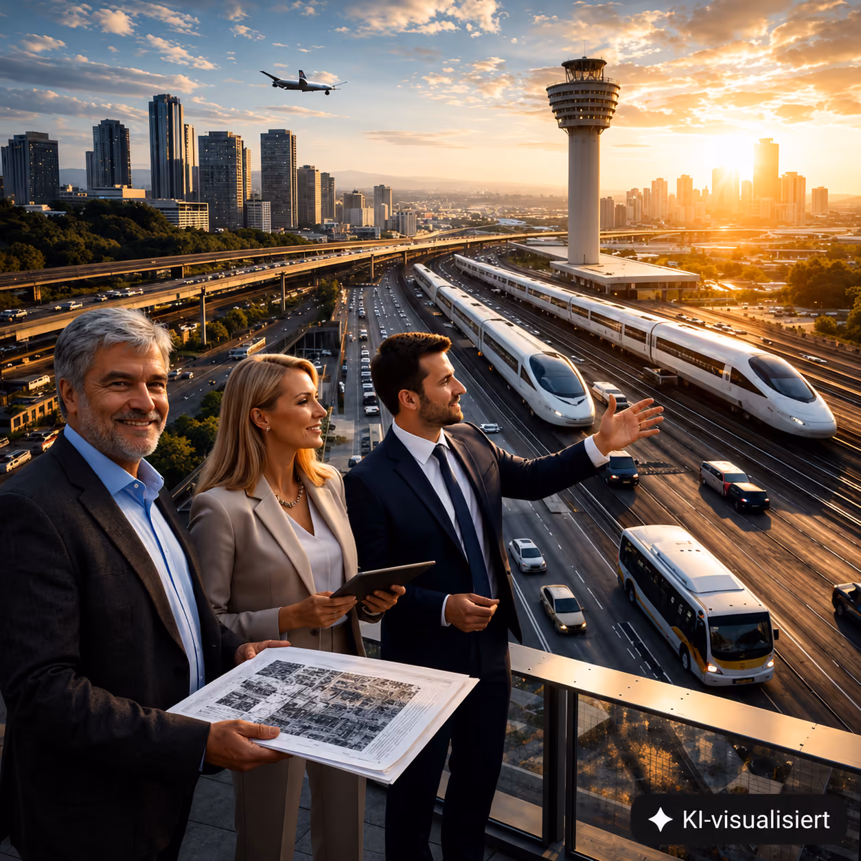 Drei Geschäftsleute auf einer Aussichtsplattform mit Blick auf Hochgeschwindigkeitszüge, eine Straße mit Verkehr, einen Flughafen und die Skyline einer Stadt bei Sonnenuntergang.