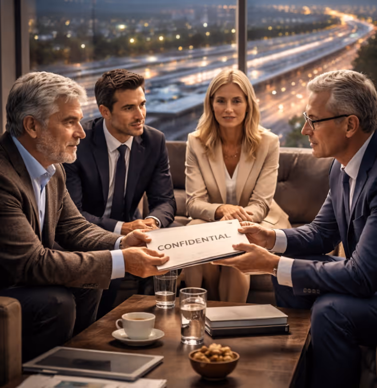 Vier Geschäftsleute in einem Meeting übergeben sich eine vertrauliche Akte in einem Büro mit Blick auf eine belebte Autobahn im Hintergrund.