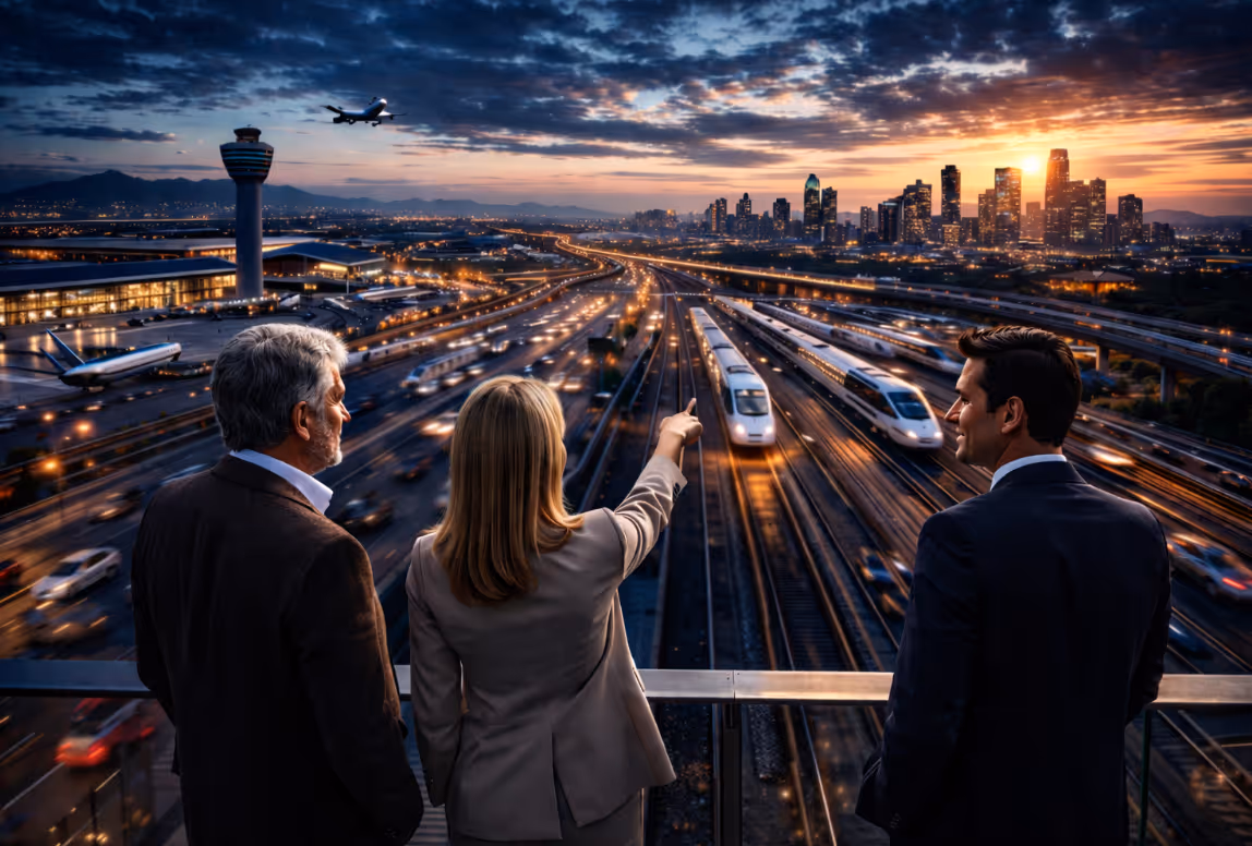 Drei Geschäftsleute beobachten bei Sonnenuntergang Züge und ein Flugzeug am geschäftigen Verkehrsknotenpunkt mit Stadtlandschaft im Hintergrund.