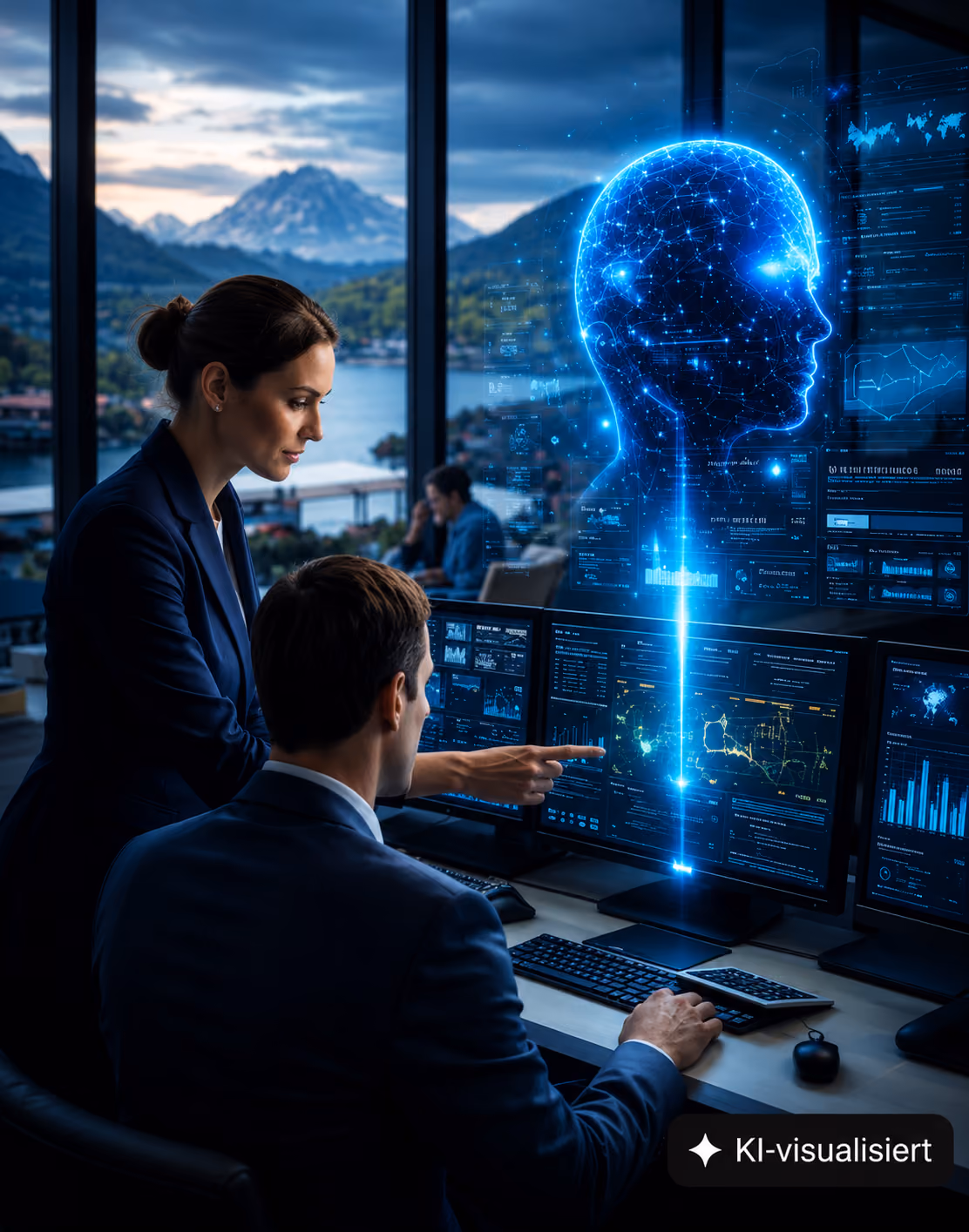 Zwei Geschäftsleute arbeiten an Monitoren mit Datenvisualisierungen, während ein holografisches menschliches Kopfnetzwerk in einem modernen Büro mit Bergblick angezeigt wird.