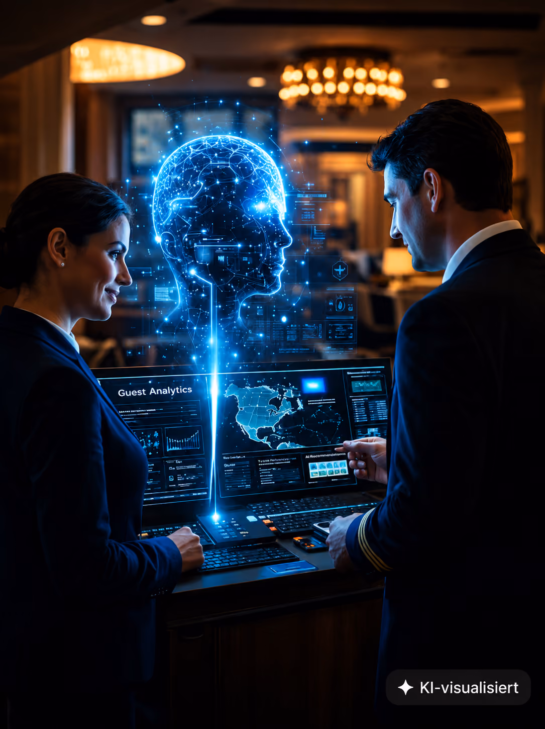 Zwei Fachleute in formeller Kleidung analysieren Daten auf einem Bildschirm im Hotel mit einer holografischen, leuchtenden Darstellung eines menschlichen Kopfes.
