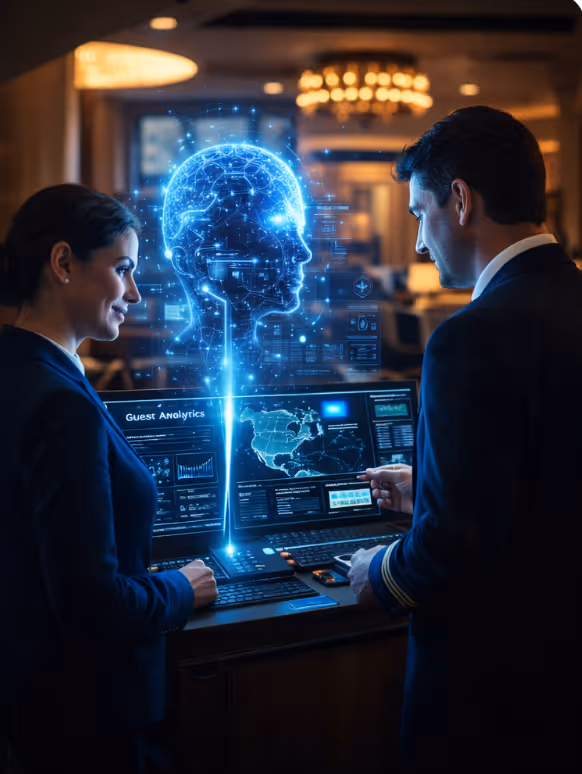 Zwei Fachleute in formeller Kleidung analysieren Daten auf einem Bildschirm im Hotel mit einer holografischen, leuchtenden Darstellung eines menschlichen Kopfes.