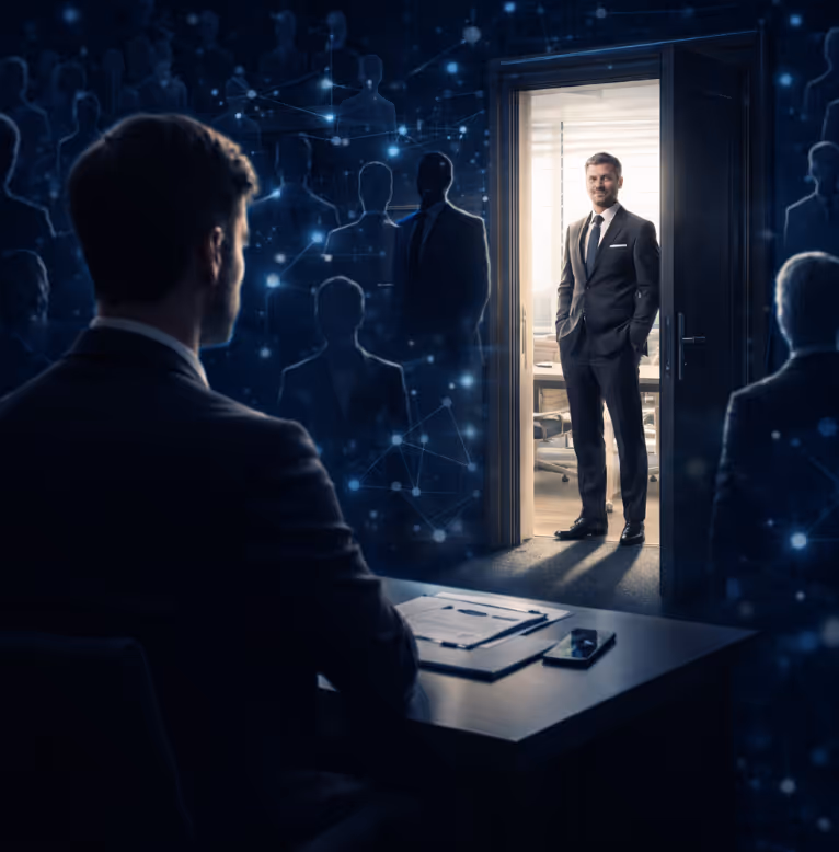 Geschäftsmann im Anzug steht in offener Tür mit Licht, während eine andere Person im Schatten an einem Schreibtisch sitzt, umgeben von schemenhaften, vernetzten Figuren.