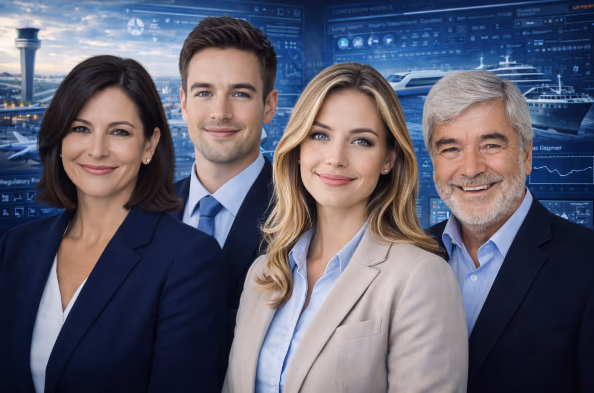 Vier lächelnde Geschäftsleute in formeller Kleidung vor einem digitalen Hintergrund mit Flugzeugen und Schiffen.