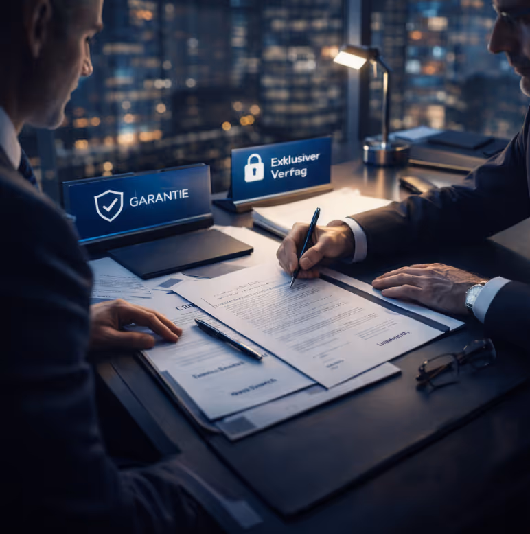 Zwei Männer in Anzügen unterzeichnen Verträge an einem Tisch in einem Büro mit Stadtlichtern im Hintergrund.