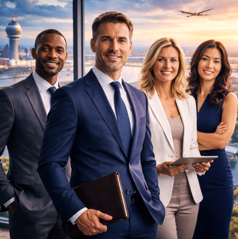 Vier gut gekleidete Geschäftspersonen in einem Büro mit Panoramafenster und Flugzeug im Hintergrund.
