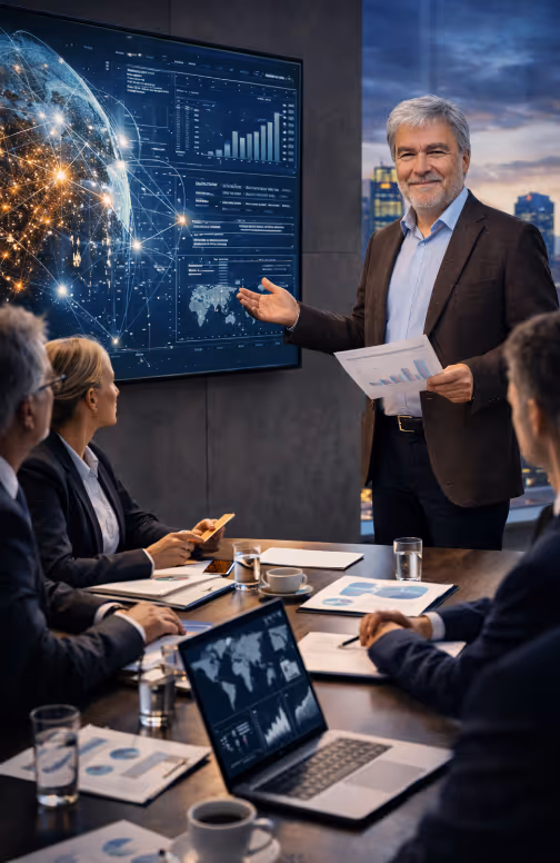 Ein älterer Mann präsentiert Geschäftsdaten an einem Bildschirm mit globalen Netzwerken und Diagrammen vor Kollegen in einem Besprechungsraum.