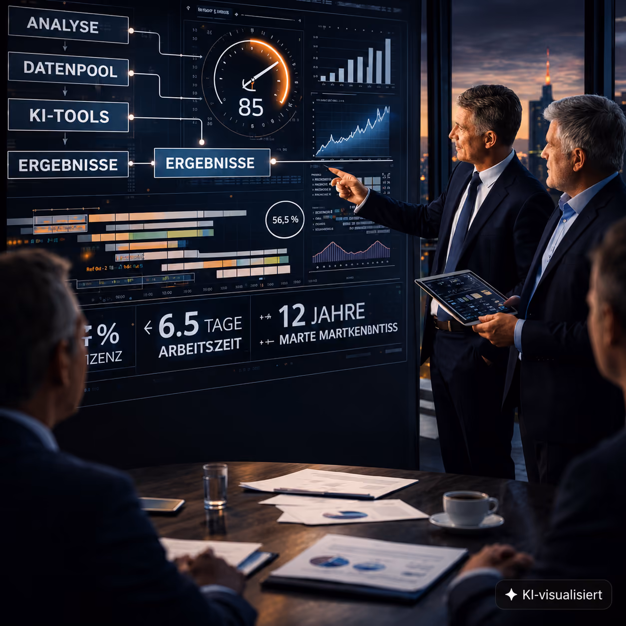 Vier Geschäftsmänner in Anzügen bei einer Präsentation vor einem großen Bildschirm mit Datenanalysen und Diagrammen in einem modernen Büro.