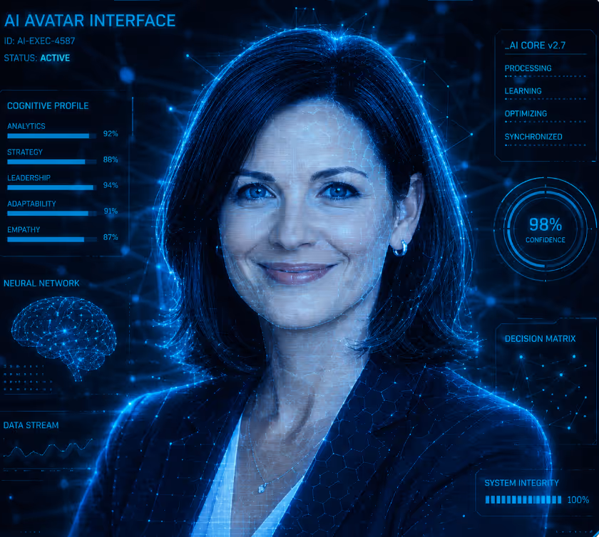 Visuelle Darstellung des TOUREC KI-Moduls für präzises Matching und Shortlist-Validierung im Executive Search, dargestellt als futuristischer, digitaler Tech-Avatar