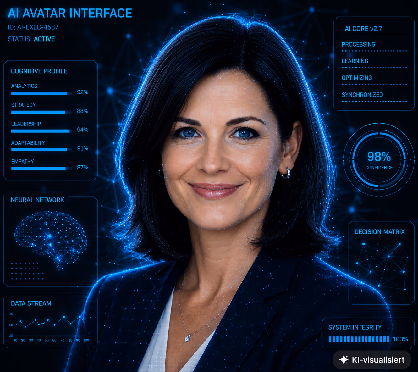 Visuelle Darstellung des TOUREC KI-Moduls für präzises Matching und Shortlist-Validierung im Executive Search, dargestellt als futuristischer, digitaler Tech-Avatar