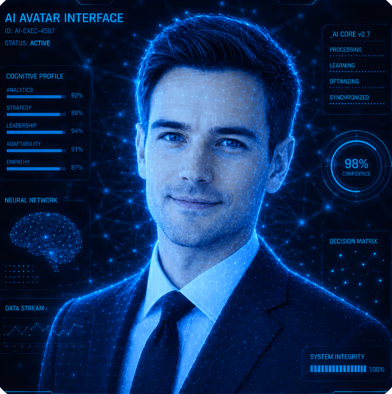 Visuelle Darstellung des TOUREC KI-Moduls für Deep-Research, Marktanalyse und lückenloses Talent-Sourcing, dargestellt als futuristischer, digitaler Tech-Avatar.