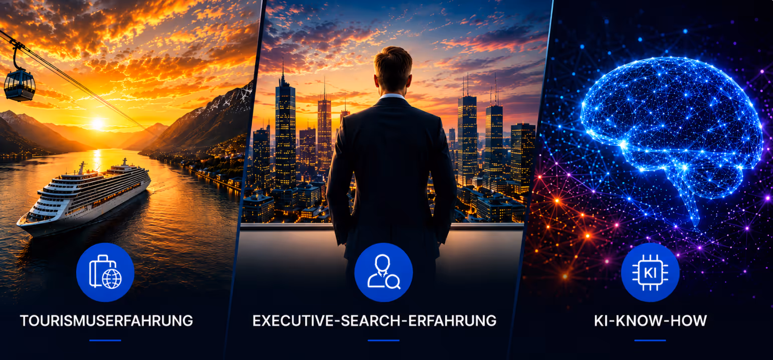 Das Bild beschreibt den Dreiklang von TOUREC aus Tourismus-Erfahrung, Executive Search Erfahrung und KI-Know-how.