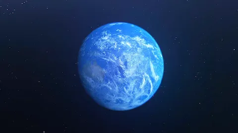 Blue planet resembling Earth with swirling white clouds against a dark starry background.