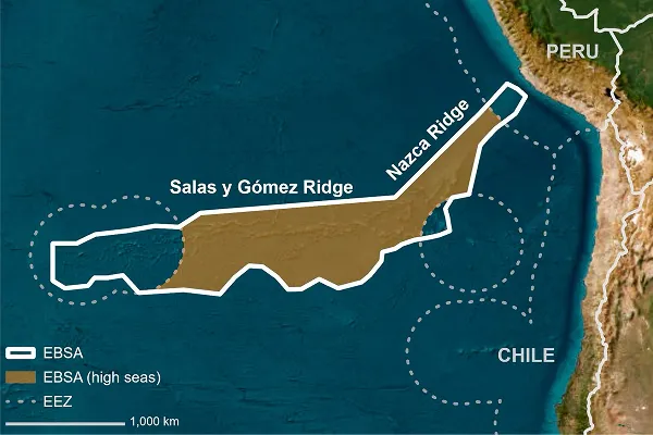 Map showing the Salas y Gómez Ridge and Nazca Ridge off the coasts of Peru and Chile, highlighting EBSA high seas area in brown with white-bordered EBSA and EEZ boundaries.