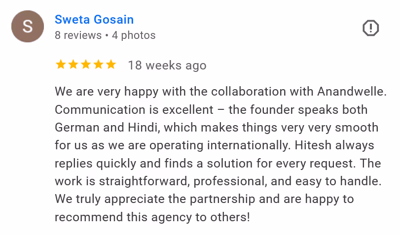 Client testimonial from Sweta Gosain from Muenzer recommending Anandwelle as their YouTube content agency and the fact that the founder Hitesh can speak English, German and Hindi.