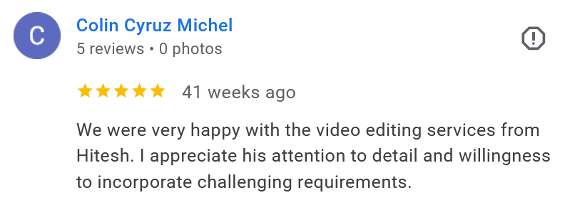 Client testimonial from Colin from Cyruz Media recommending Anandwelle for their video editing services.